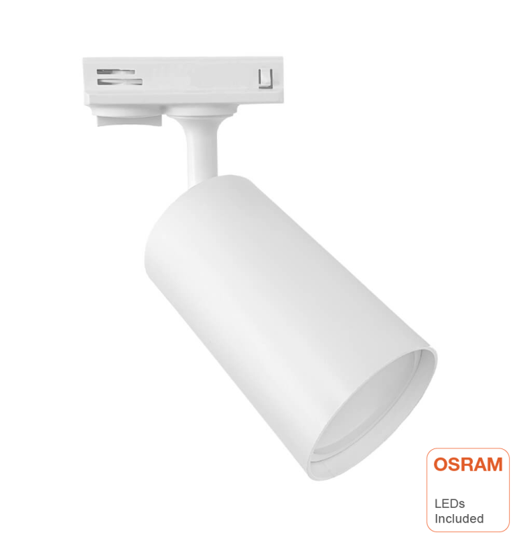 Spot GU10 EOS-S100 blanc avec ampoule 10W sur rail monophasé — éclairage de magasin