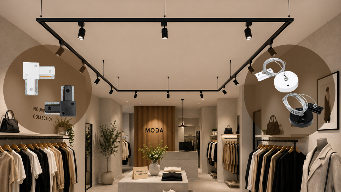 Rail LED suspendu en cadre dans une boutique, avec zoom sur un connecteur en L et un kit de suspension EOSSIA