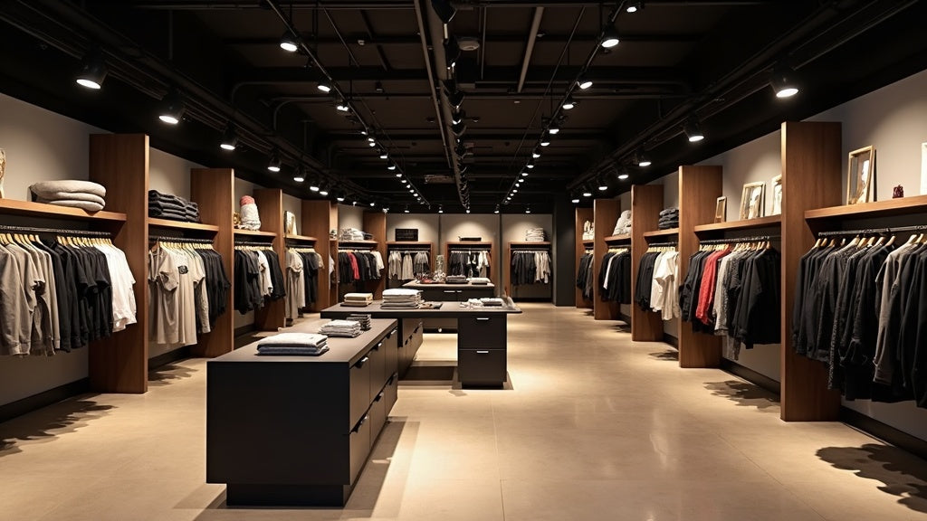 Intérieur de magasin éclairé par des spots LED sur rail EOSSIA, avec une répartition régulière des spots au plafond