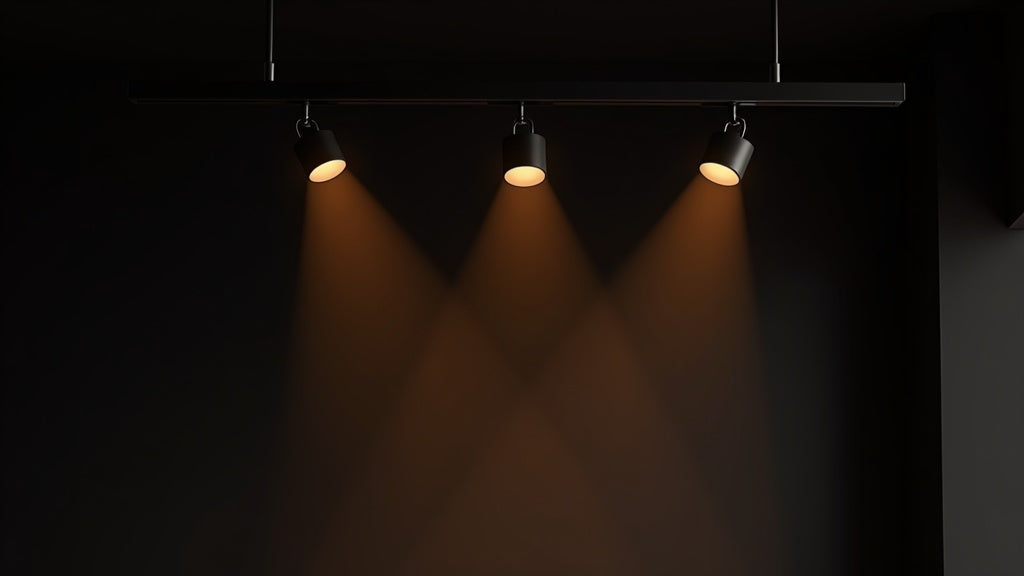 Rail LED noir avec spots sur rail EOSSIA projetant des faisceaux chauds