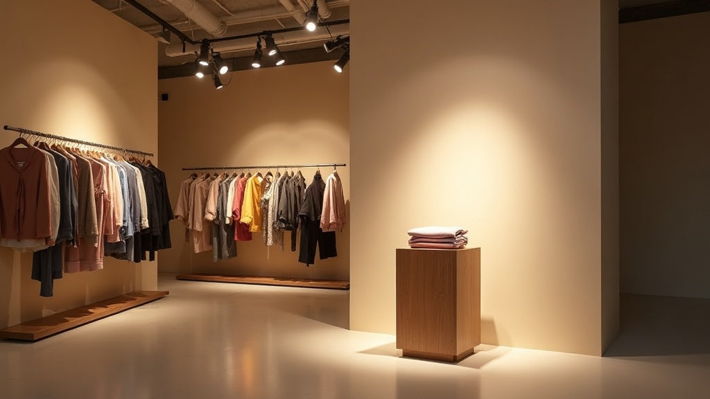 Boutique claire avec une rangée de spots fixes éclairant un mur de vêtements et un spot orientable mettant en valeur un présentoir