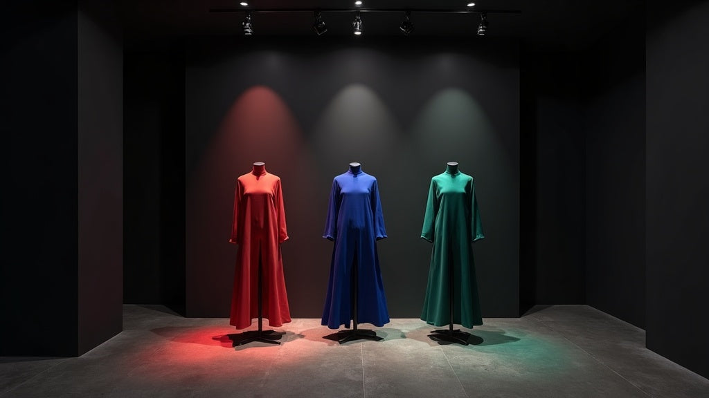 Trois mannequins vêtus de rouge, bleu et vert dans une boutique sombre, chacun éclairé par un spot sur rail EOSSIA