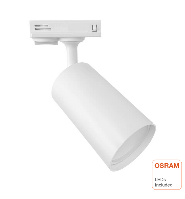 Spot GU10 EOS-S100 blanc avec ampoule 10W sur rail monophasé — éclairage de magasin
