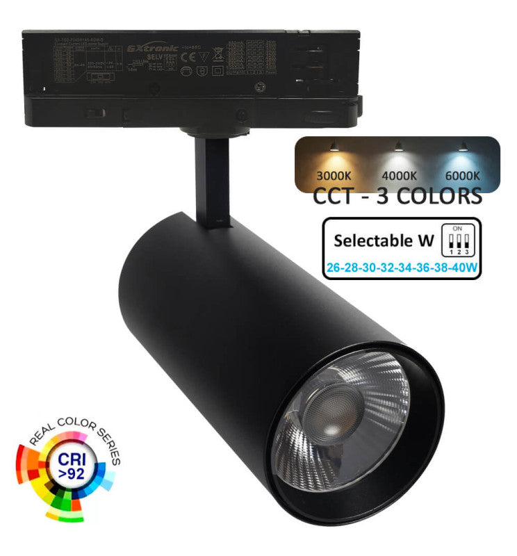 Spot LED 26-40W EOS-S400 noir sur rail triphasé — éclairage de magasin